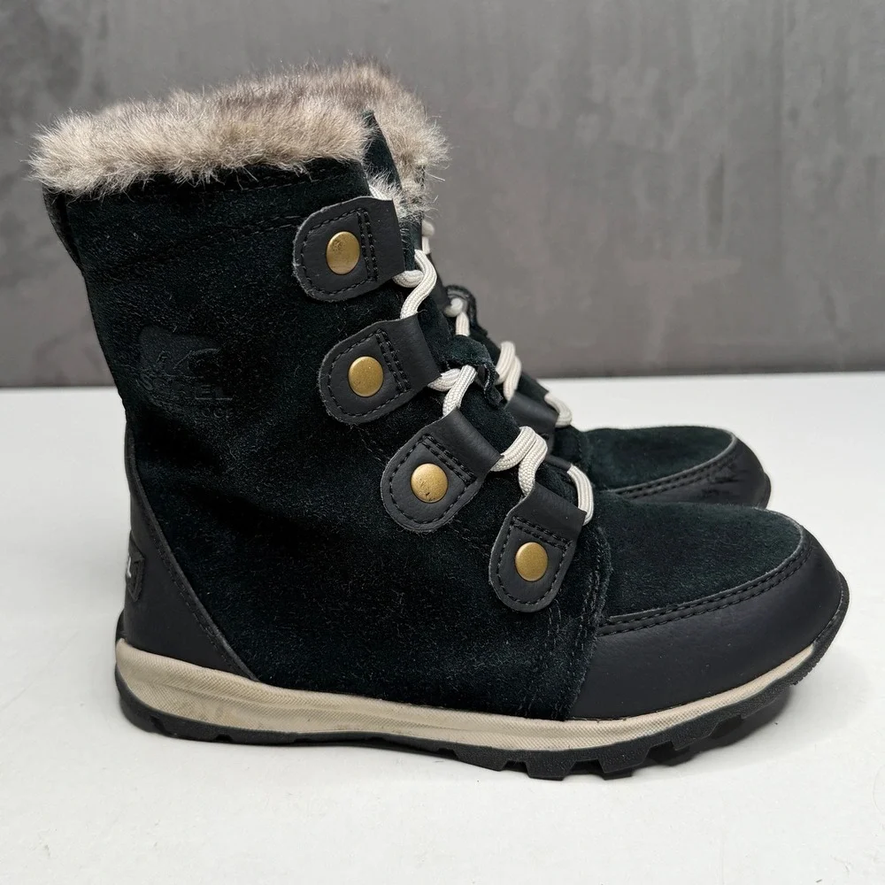 Sorel Whitney II Snow Boots Girls Size 12 Black Waterproof Suede Faux Fur Trim